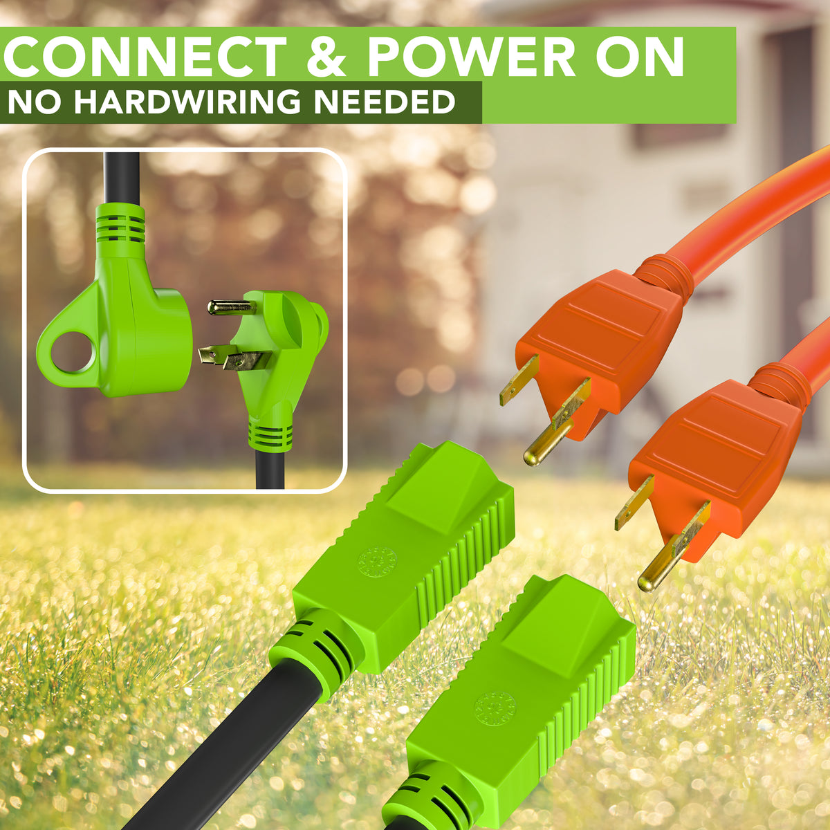 Leisure Cords 30AMP RV Y Adapter Cord 90 Degree Handle Standard NEMA TT-30P to 5-15R 24 Inch (Green)
