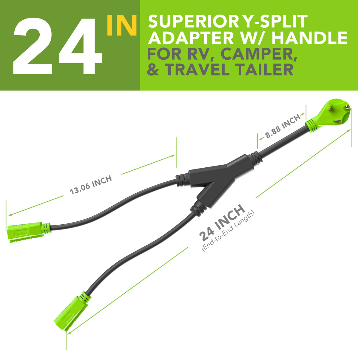 Leisure Cords 30AMP RV Y Adapter Cord 90 Degree Handle Standard NEMA TT-30P to 5-15R 24 Inch (Green)