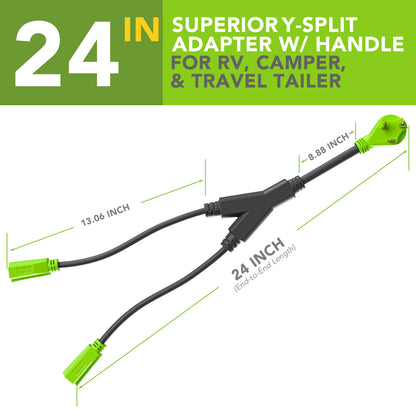 Leisure Cords 30AMP RV Y Adapter Cord 90 Degree Handle Standard NEMA TT-30P to 5-15R 24 Inch (Green)