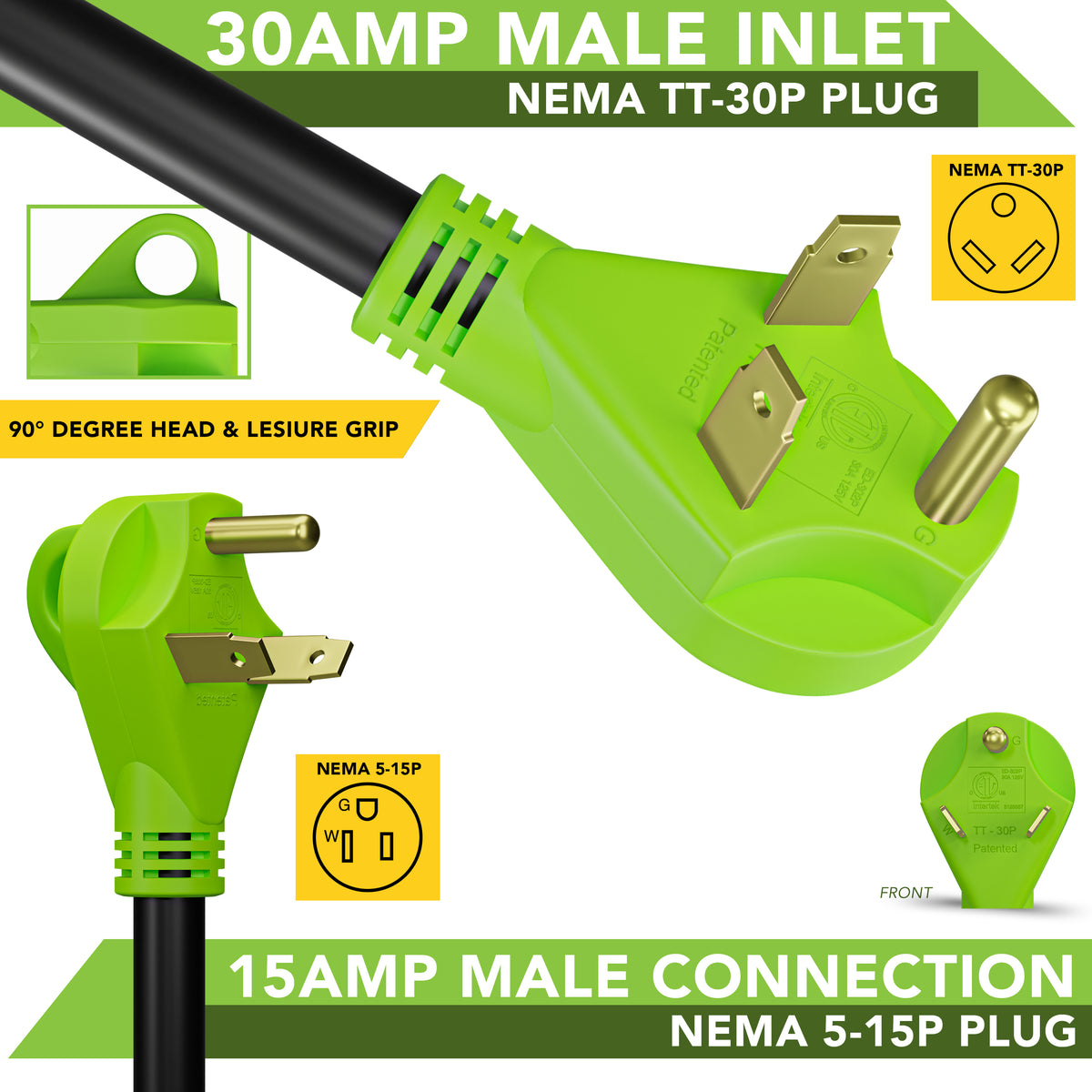 Leisure Cords 30AMP RV Y Adapter Cord 90 Degree Handle Standard NEMA TT-30P to 5-15R 24 Inch (Green)