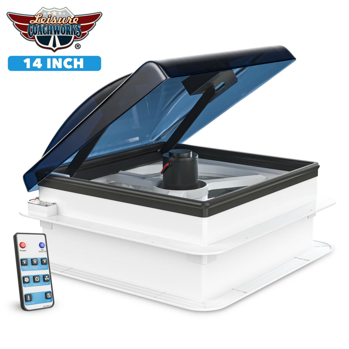 Leisure Coachworks 14" X 14" RV Roof Vent 2-Way 5 Speed Fan With Powered Riser Rain Sensor Remote And Smoked Lid 