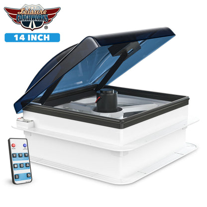 Leisure Coachworks 14" X 14" RV Roof Vent 2-Way 5 Speed Fan With Powered Riser Rain Sensor Remote And Smoked Lid 