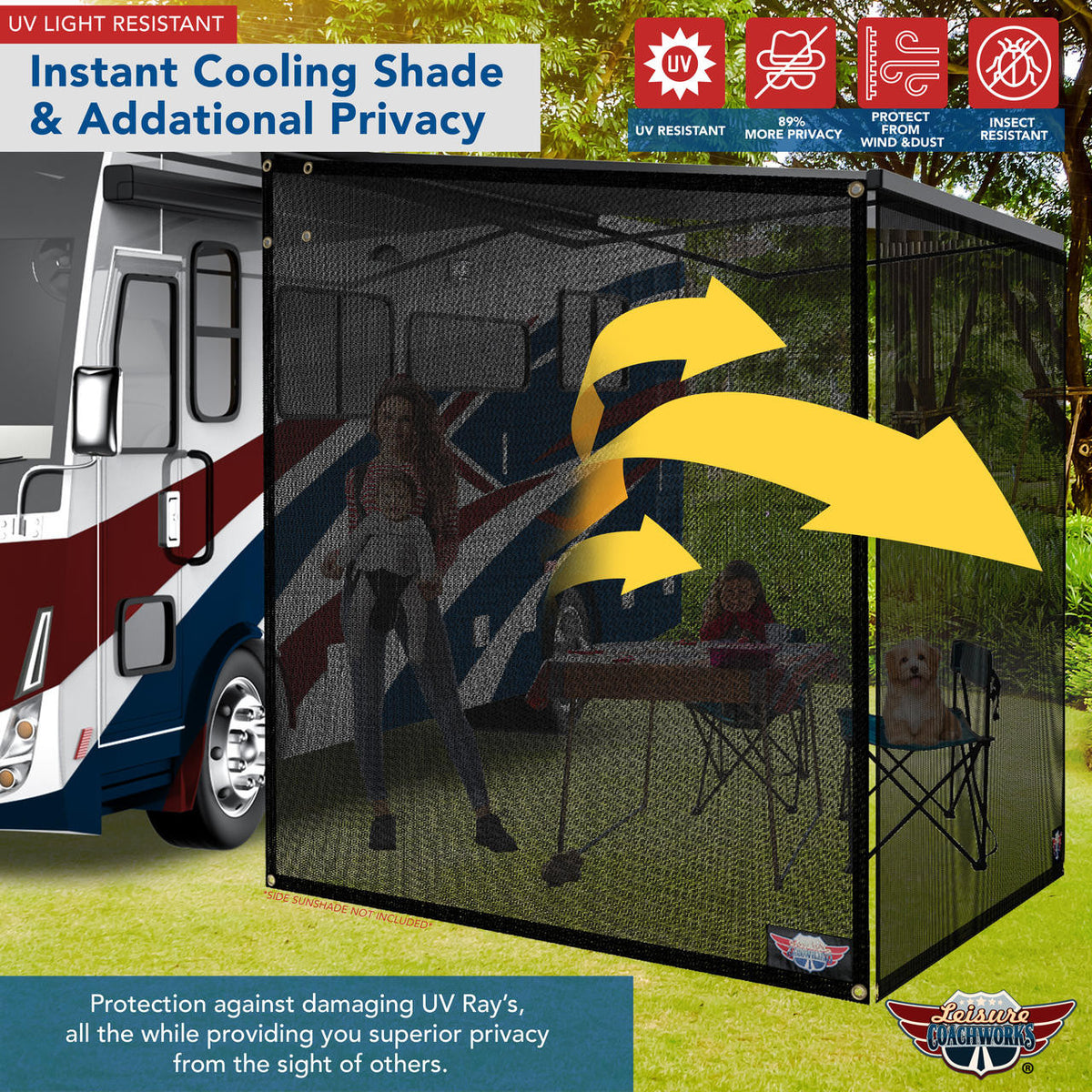 Leisure Coachworks RV Awning Sun Shade Black Mesh Screen UV, Wind Blocker