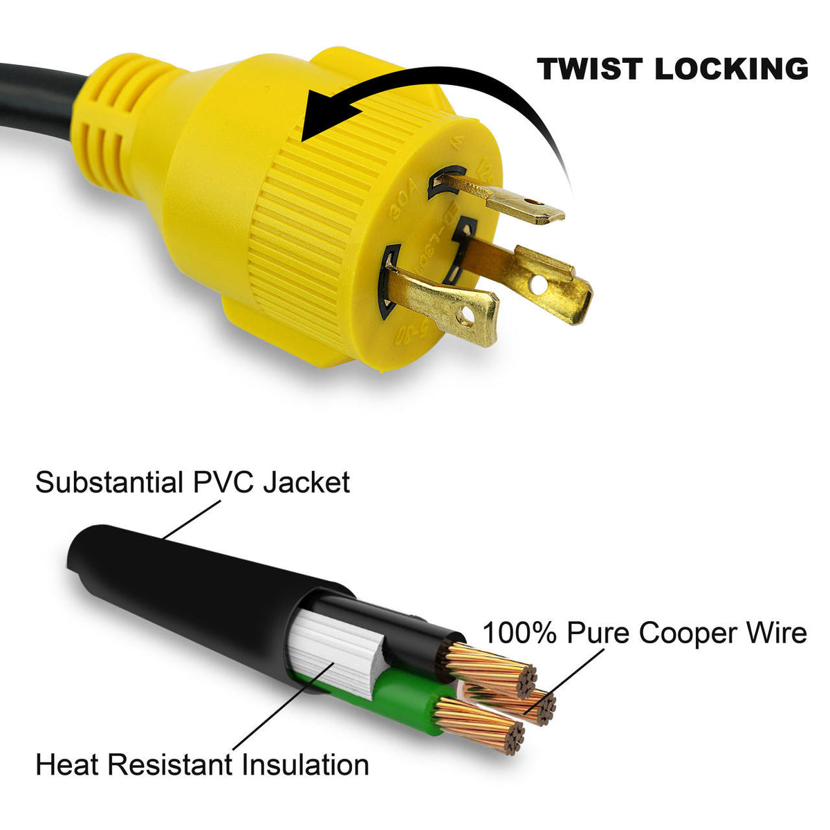 Leisure Cords Gen RV 30 Amp to 15 Amp Tri-Outlet 3-Prong Generator Power Cord, 10 Gauge Heavy Duty L5-30 to 3X 5-15R Up to 3750W