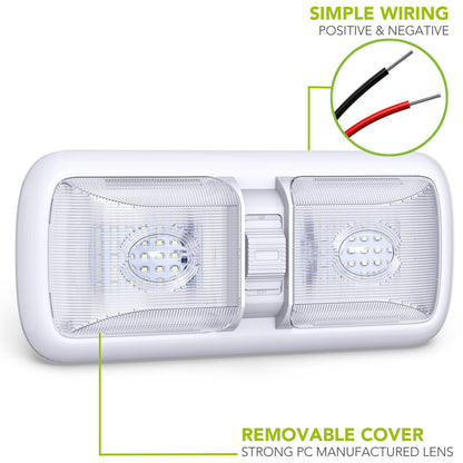  Leisure LED RV LED Ceiling Double Dome Light Fixture with ON/OFF Switch Interior Lighting for Car/RV/Trailer/Camper/Boat DC 12V 750LM Natural White 4000-4500K 