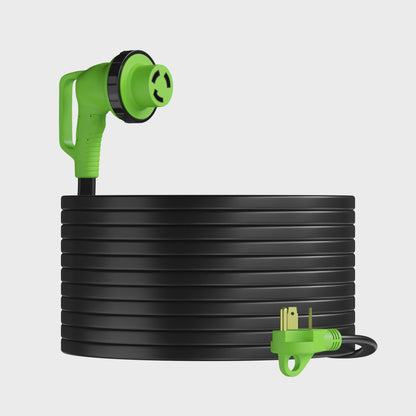 Leisure Cords 30AMP RV Extension Cord 90 Degree Handles Twist Locking Flat Cord Profile 50 Foot (Green)