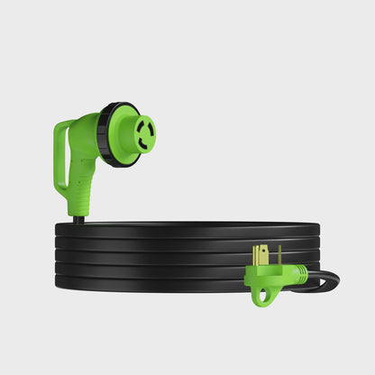 Leisure Cords 30AMP RV Extension Cord 90 Degree Handles Twist Locking Flat Cord Profile 10 Foot (Green)